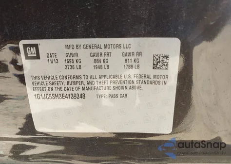 2014 Chevrolet Sonic Lt Auto from USA, damaged, VIN 1G1JC5SH3E4139348